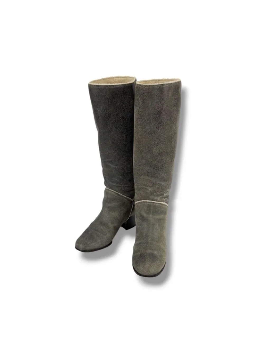 Chanel One Point CC Logo Shearling Long Boots Knee Length Gray 37c